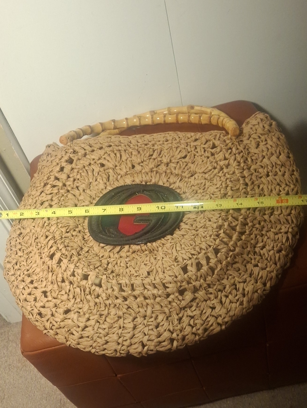 Upcycle Gucci Round Woven Straw Tote with Bamboo Handles and Logo Accent - Picture 9 of 10